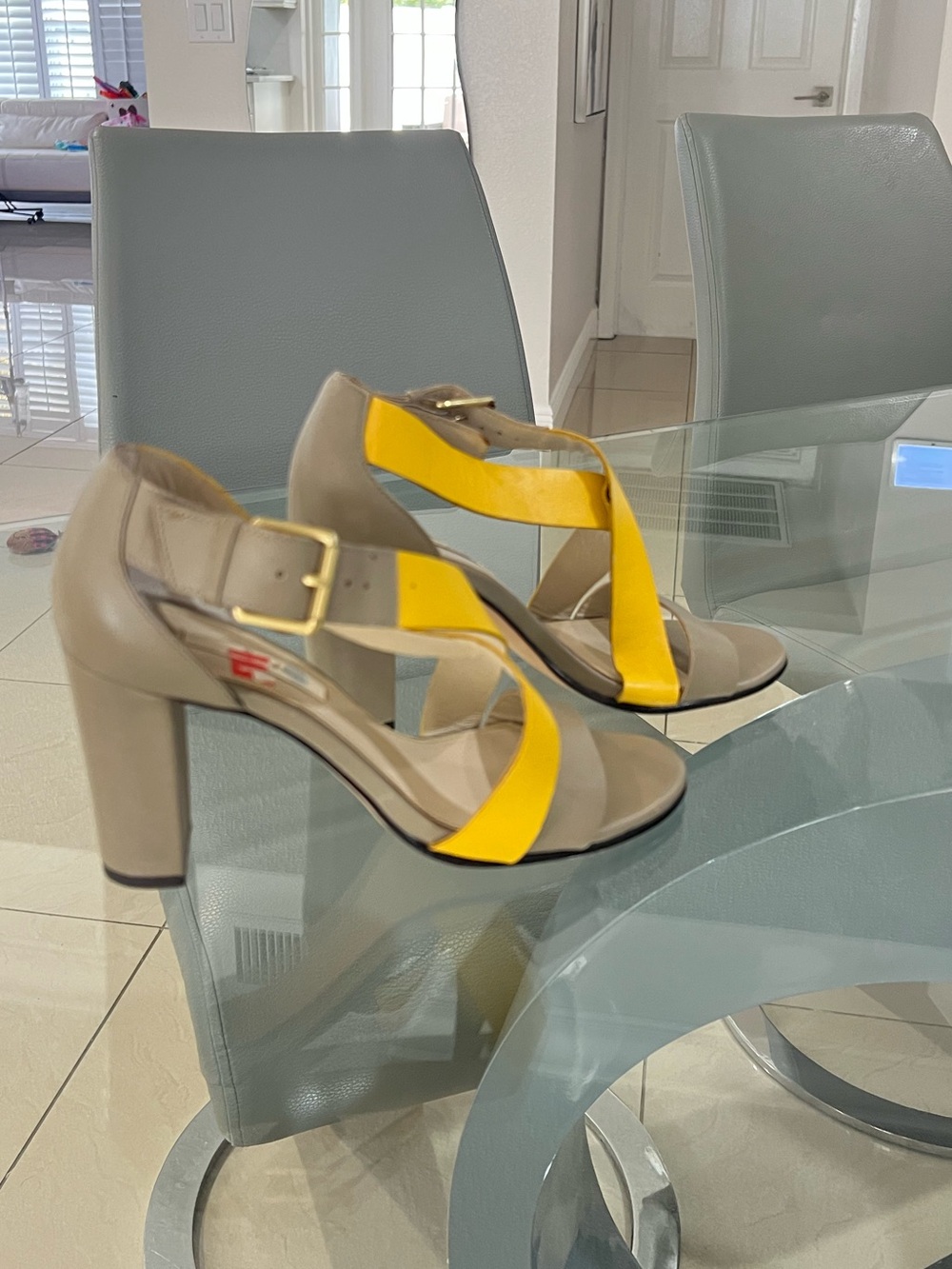 Boden Taupe and Yellow Crisscross straps Block Heel Sandals size 8